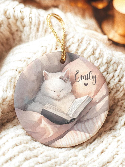 Personalized Book Lover Ornament: Gift for Readers, Bookworm Ornament, Reading Cat
