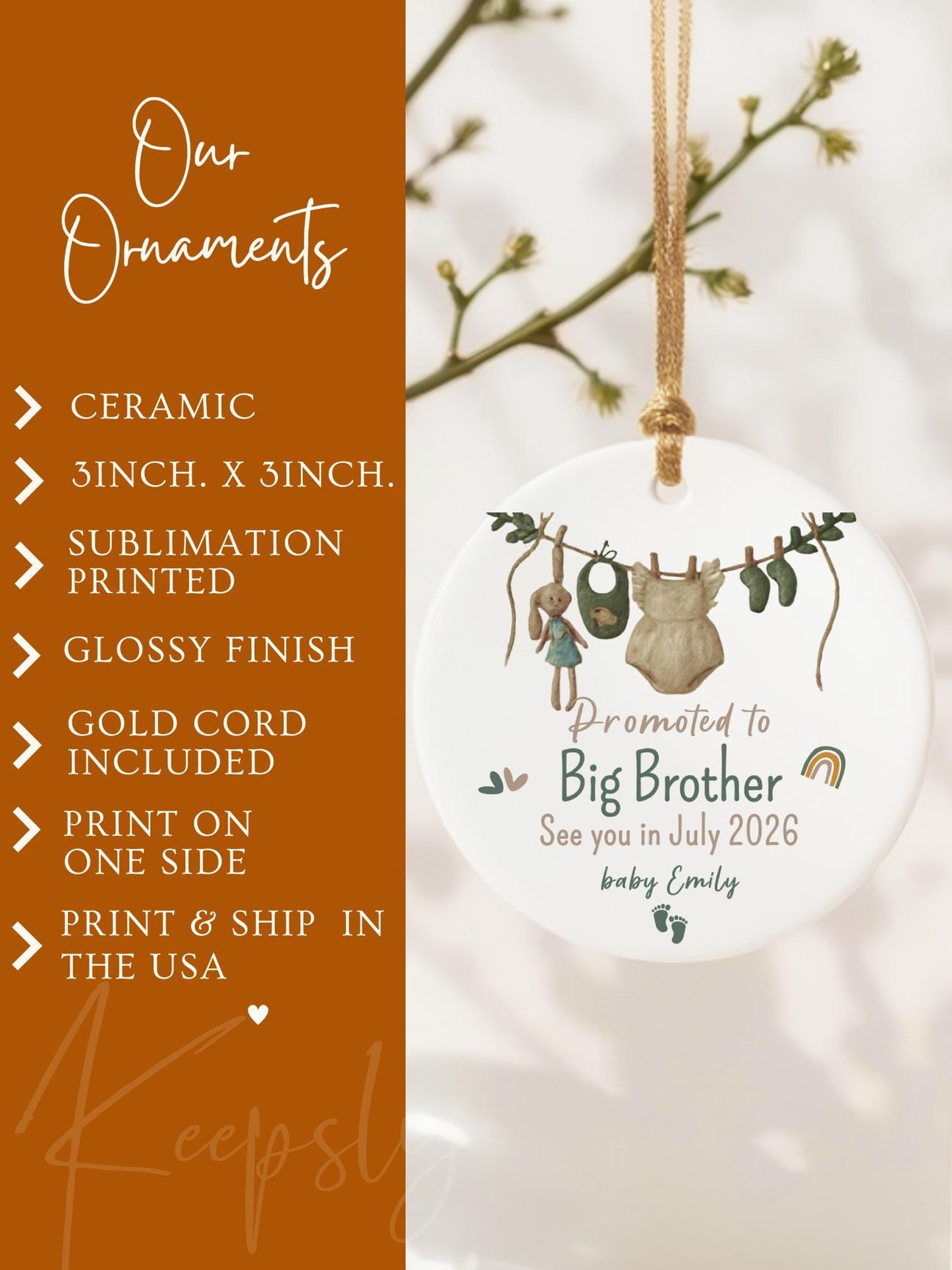 Promoted to Big Brother Ornament • Pregnancy Announcement • Baby Sibling Reveal Gift • Custom Name & Due Date Keepsake