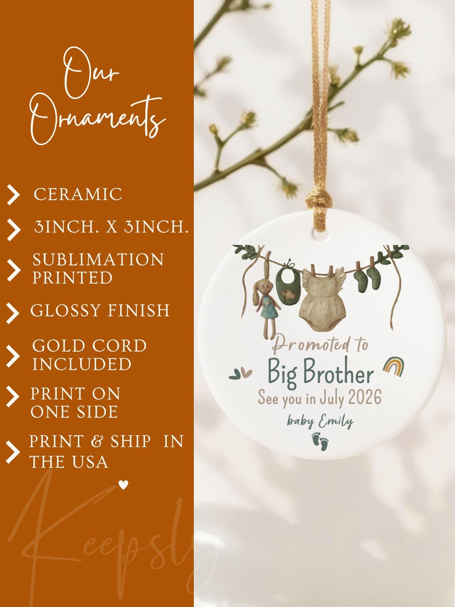 Promoted to Big Brother Ornament • Pregnancy Announcement • Baby Sibling Reveal Gift • Custom Name & Due Date Keepsake
