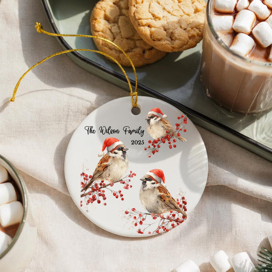 Winter Berry Sparrow Family of Three Ornament • Custom Name Keepsake • Baby Shower Gift