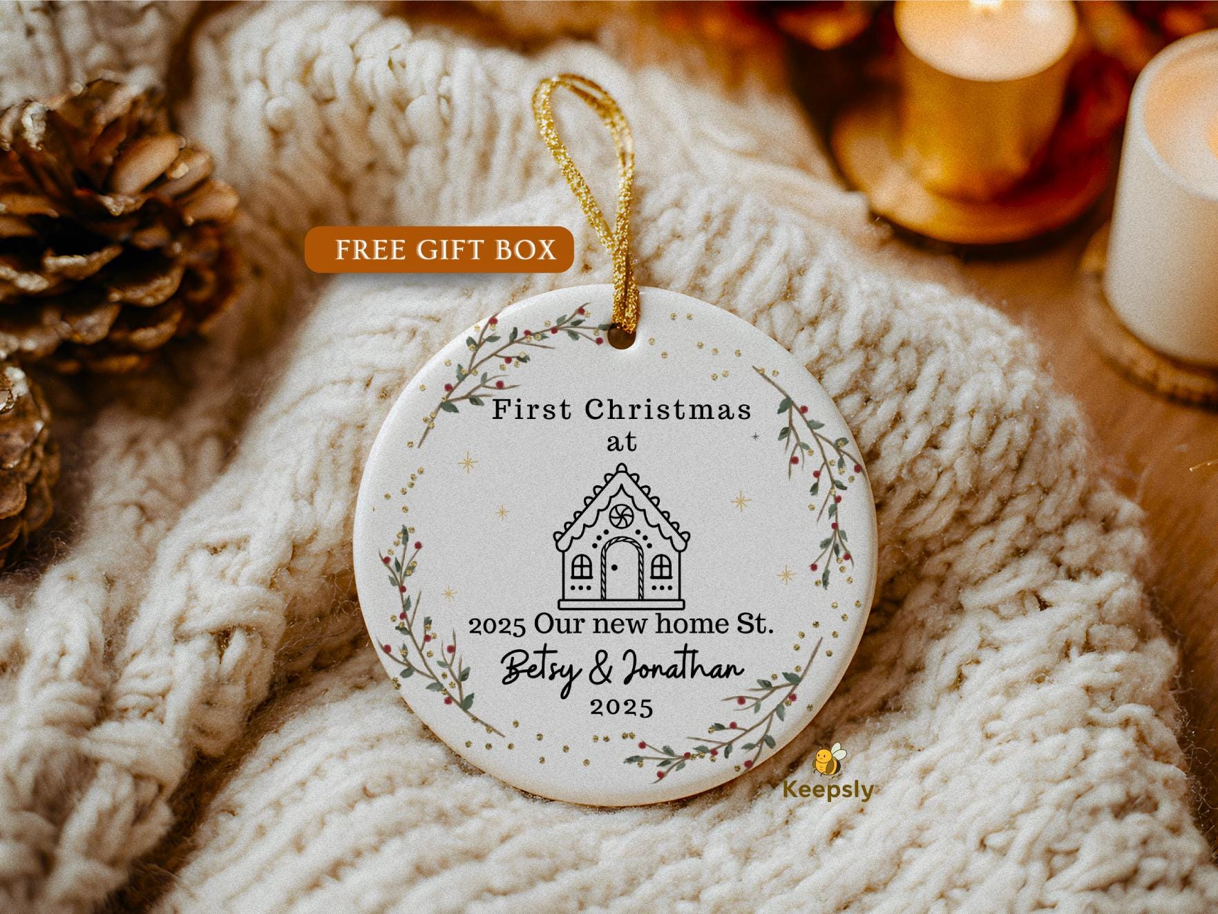 New Home Ornament • Our First Christmas in Our New Home • Personalized Address Keepsake • Wreath House Ornament