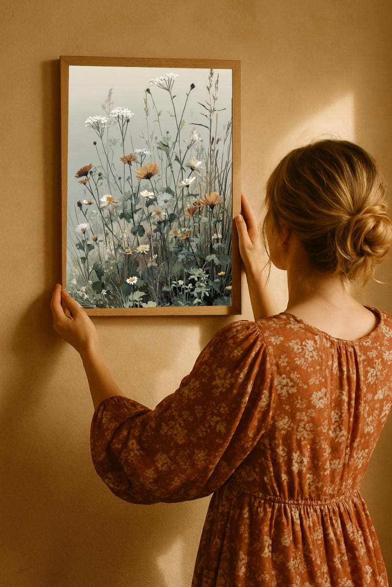 Sage Green Wall Art Set of 3 • Digital Download Wildflower Oil Painting Print Cottagecore Landscape Decor PNG