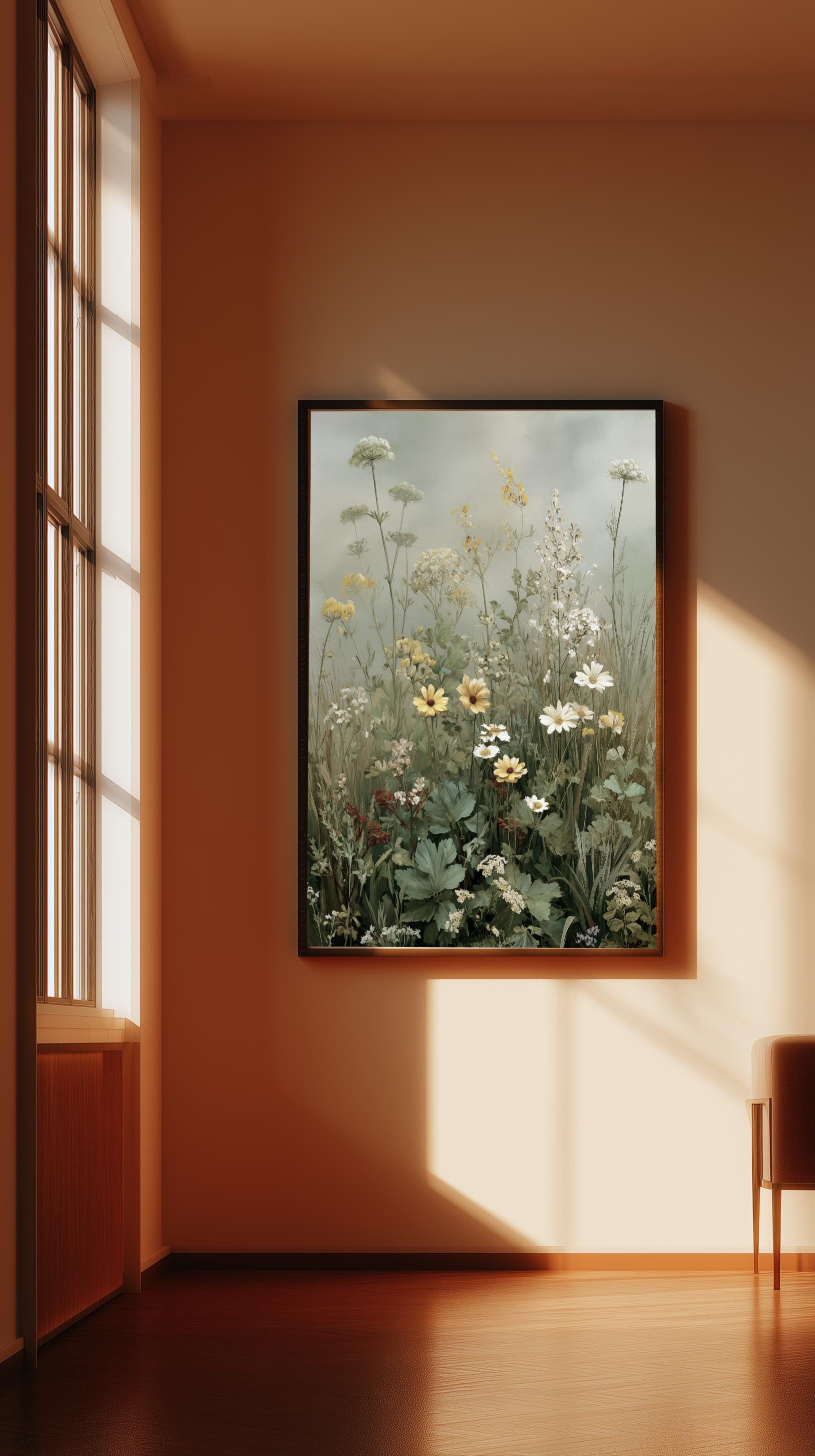 Sage Green Wall Art Set of 3 • Digital Download Wildflower Oil Painting Print Cottagecore Landscape Decor PNG