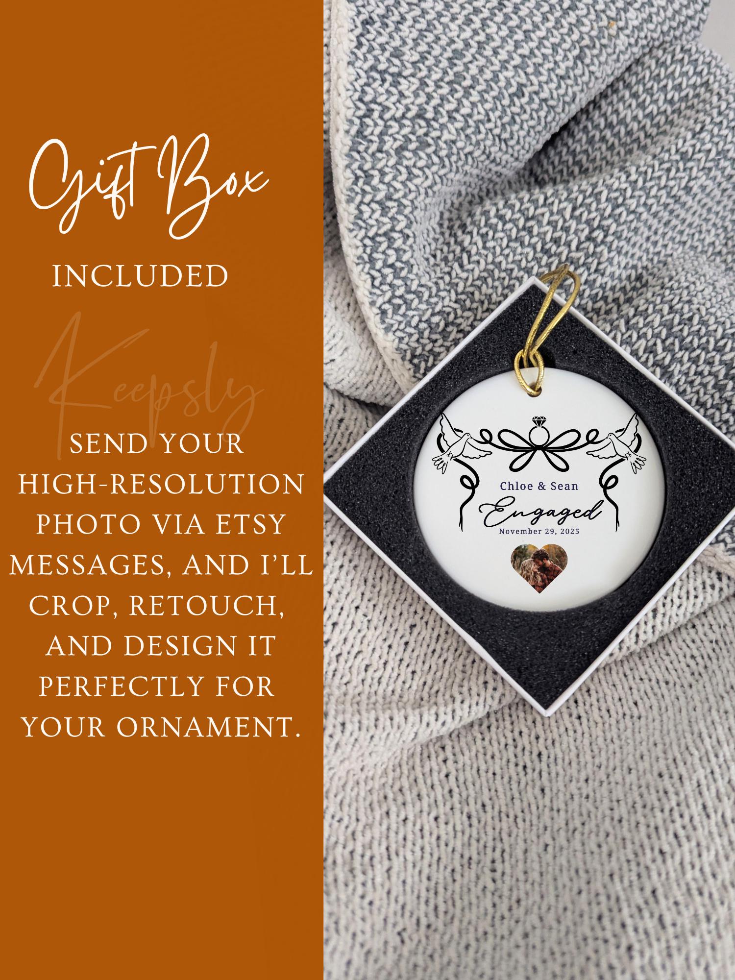 Personalized Engagement Ornament • Custom Couple Photo Gift • New Engagement Keepsake • Ring & Doves Design
