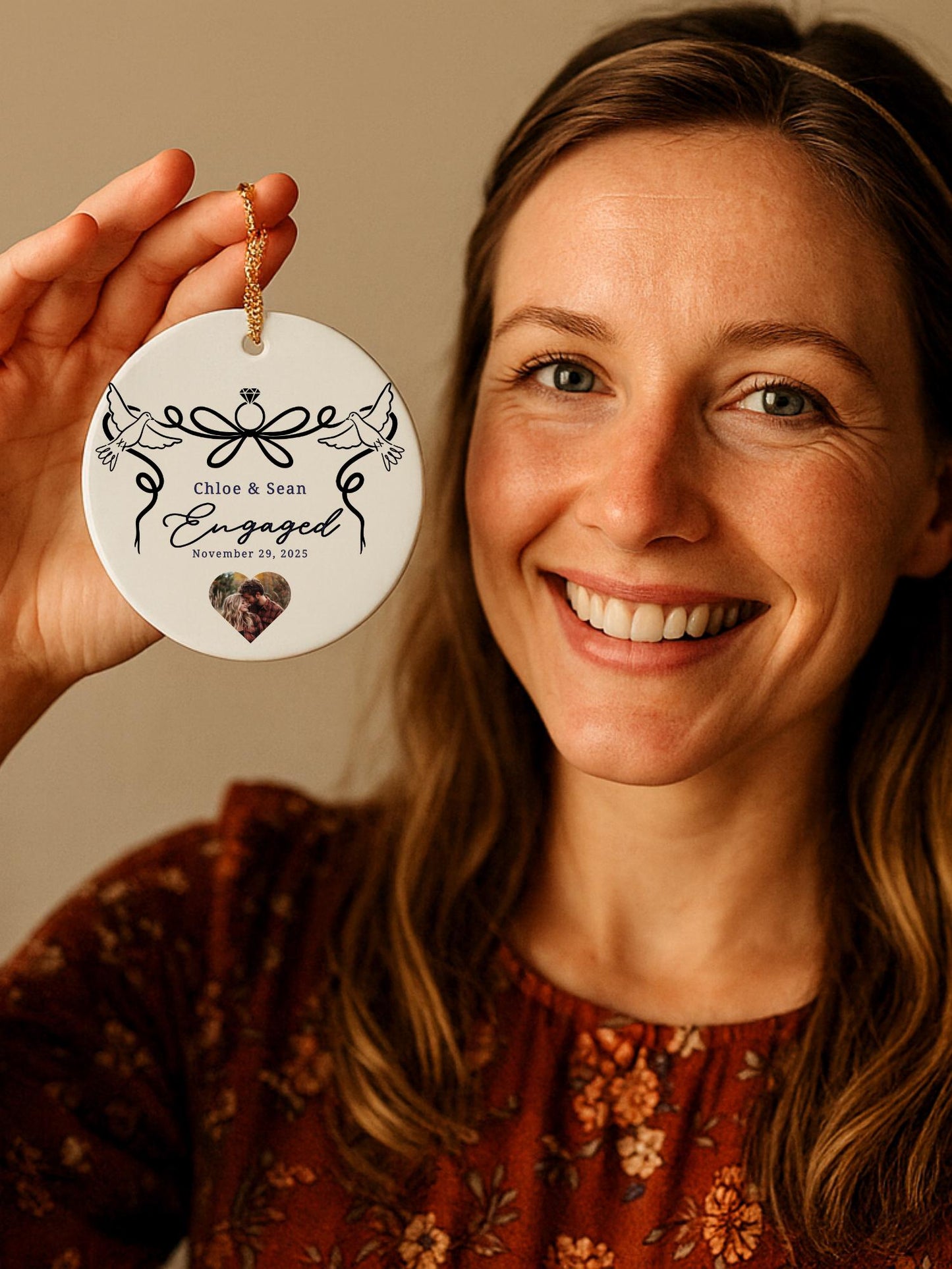 Personalized Engagement Ornament • Custom Couple Photo Gift • New Engagement Keepsake • Ring & Doves Design