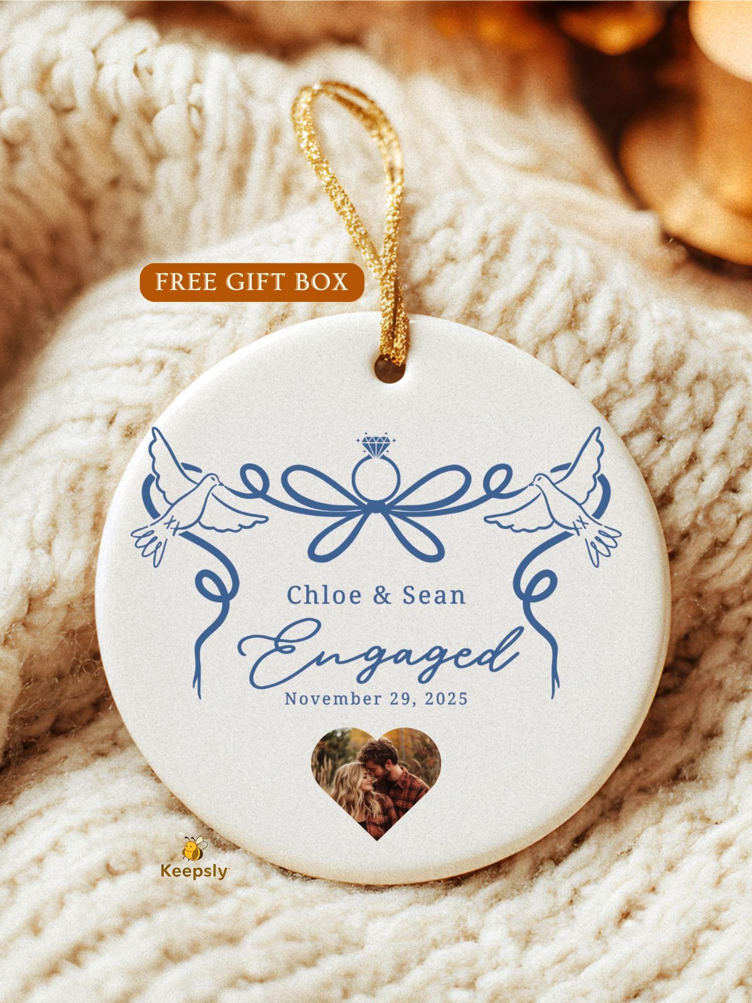 Personalized Engagement Ornament • Custom Couple Photo Gift • New Engagement Keepsake • Ring & Doves Design