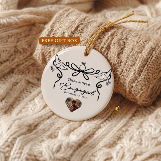 Personalized Engagement Ornament • Custom Couple Photo Gift • New Engagement Keepsake • Ring & Doves Design