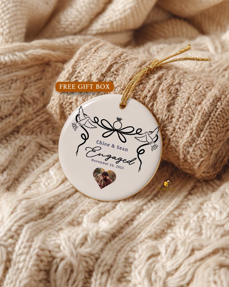 Personalized Engagement Ornament • Custom Couple Photo Gift • New Engagement Keepsake • Ring & Doves Design