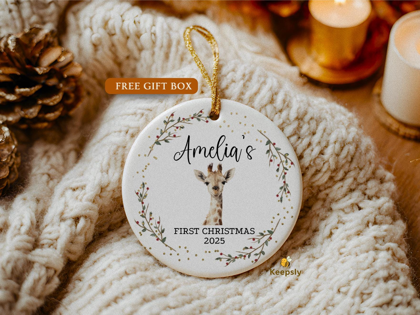 Personalized Baby Ornament • Baby's First Christmas Ornament, New Baby Keepsake, Giraffe Nursery Baby Shower Gift