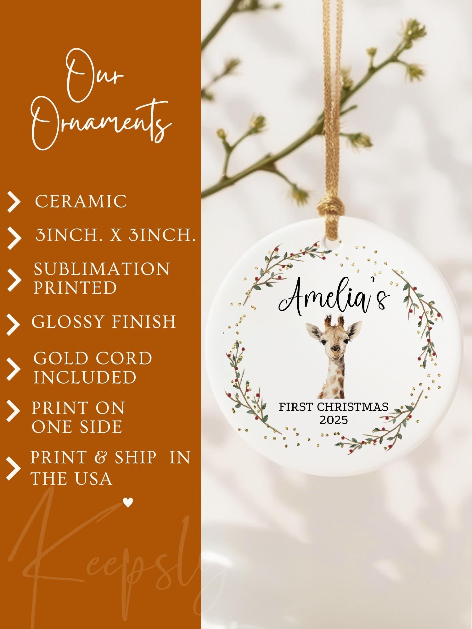 Personalized Baby Ornament • Baby's First Christmas Ornament, New Baby Keepsake, Giraffe Nursery Baby Shower Gift