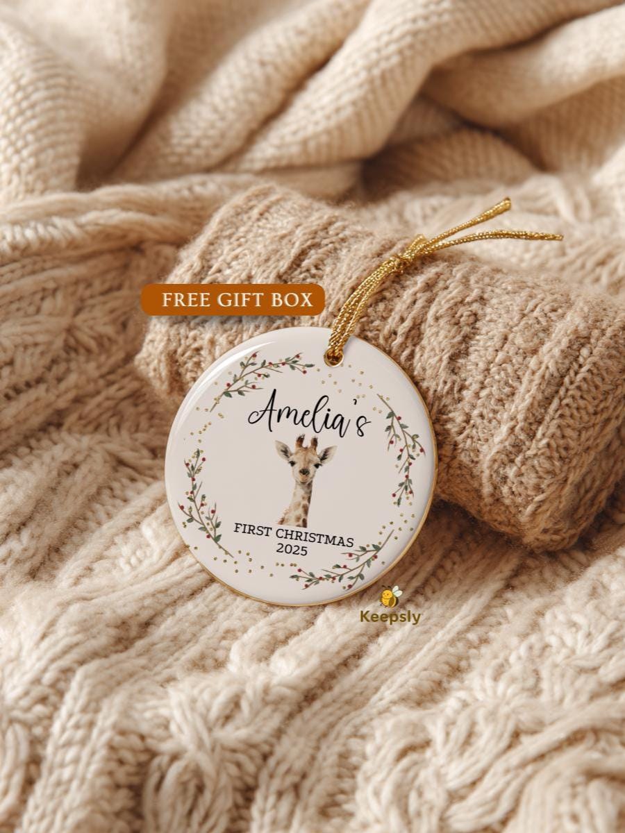 Personalized Baby Ornament • Baby's First Christmas Ornament, New Baby Keepsake, Giraffe Nursery Baby Shower Gift
