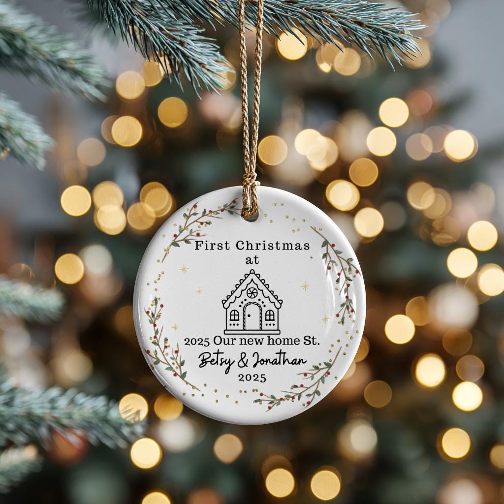 New Home Ornament • Our First Christmas in Our New Home • Personalized Address Keepsake • Wreath House Ornament