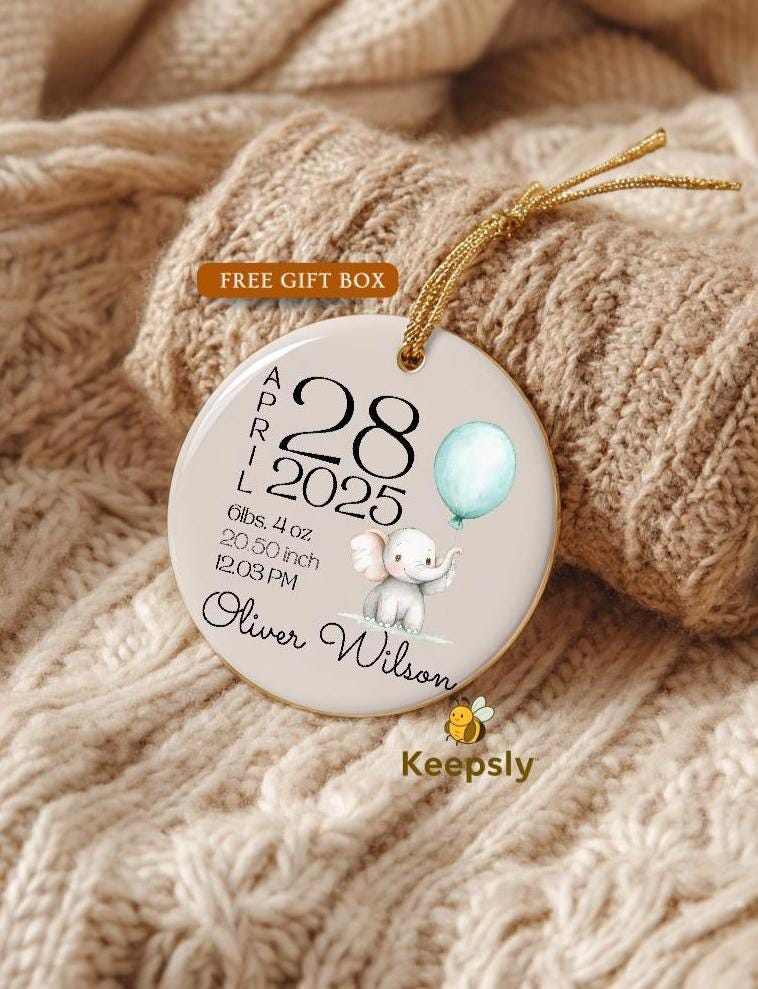 Personalized Baby Birth Stats Ornament • Watercolor Elephant Keepsake