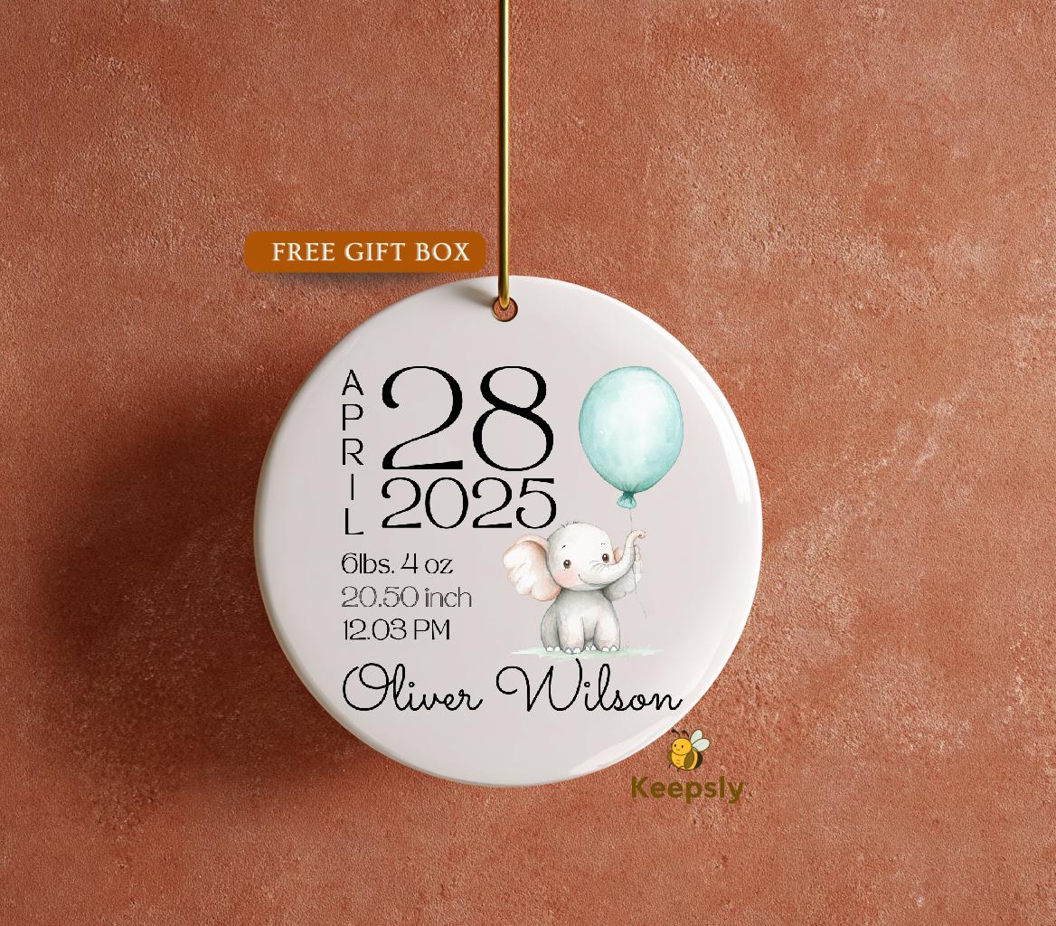Personalized Baby Birth Stats Ornament • Watercolor Elephant Keepsake