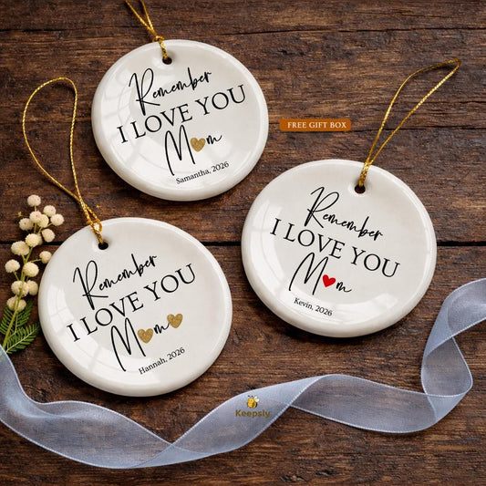 Personalized Mom ornament with gold or red heart detail, ceramic Mother’s Day gift from daughter or son, custom name and year keepsake hanging decoration