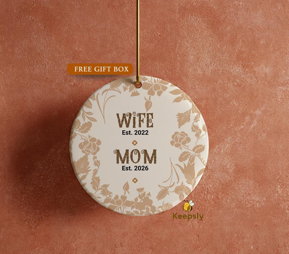 Personalized Chinoiserie Mother’s Day Ornament, Beige Floral Toile Wife to Mom Est 2026,