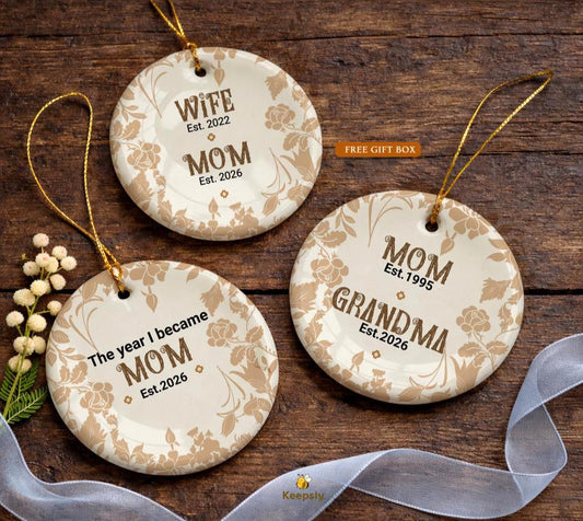 Personalized Chinoiserie Mother’s Day Ornament, Beige Floral Toile Wife to Mom Est 2026,