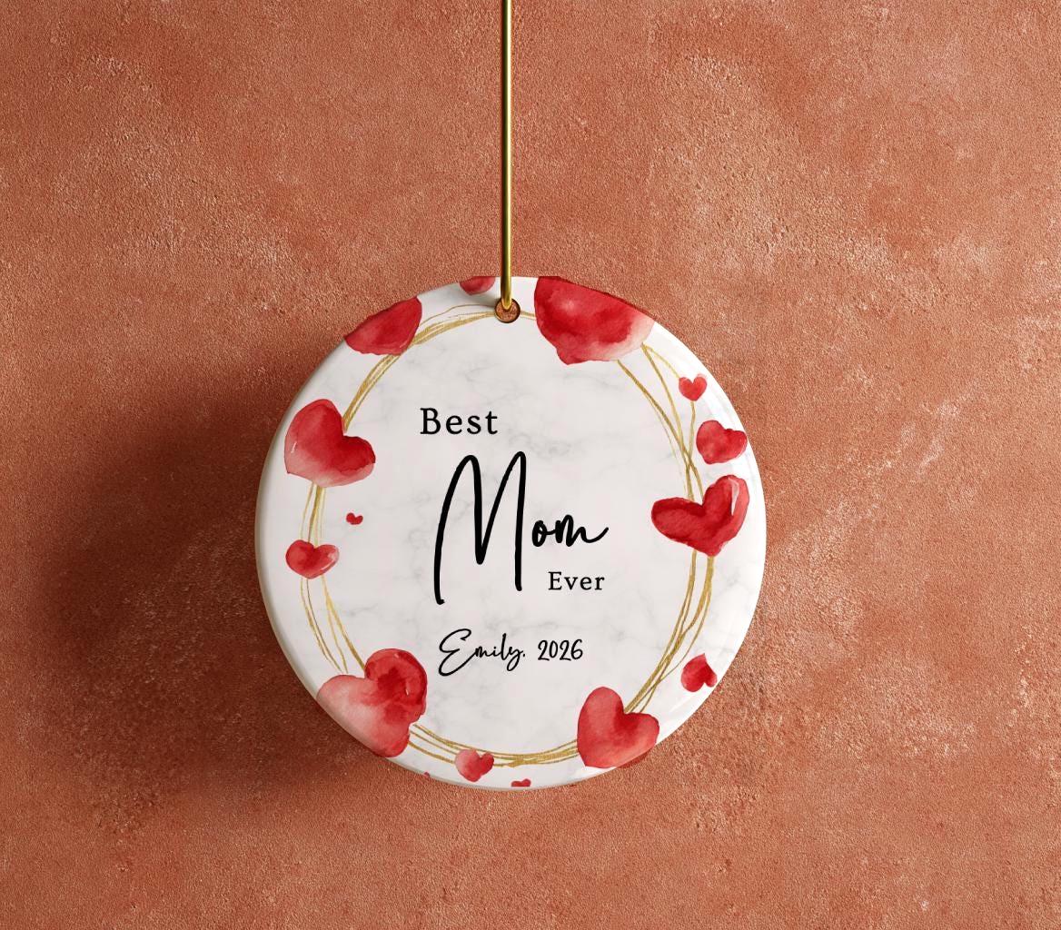 Personalized Mom Ever Ornament, Watercolor Hearts Mother Keepsake