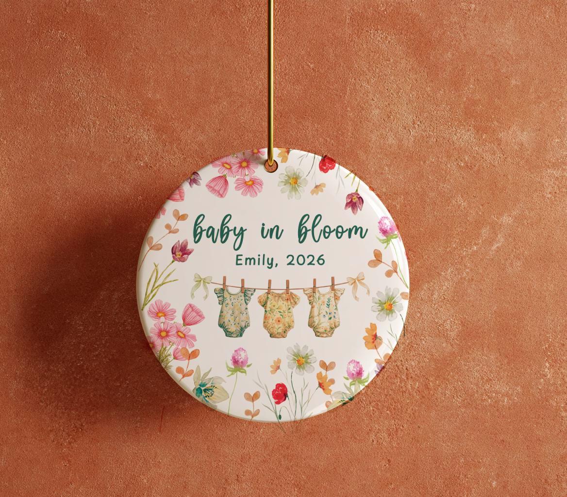 Baby in Bloom Ornament, Floral Pregnancy Keepsake, Personalized New Baby Gift, Wildflower Nursery Decor