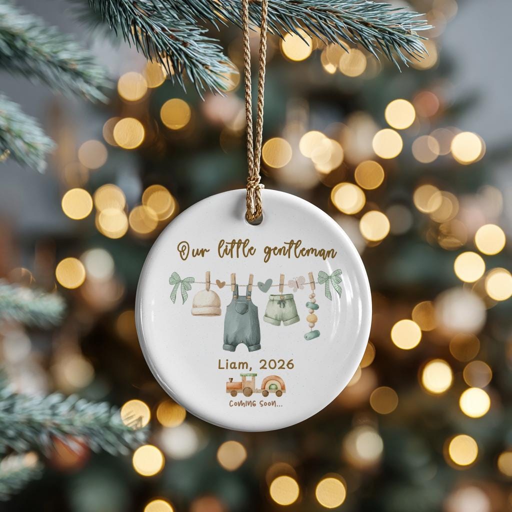 Personalized Baby Boy Ornament, Little Gentleman Pregnancy Announcement Keepsake, Coming Soon 2026