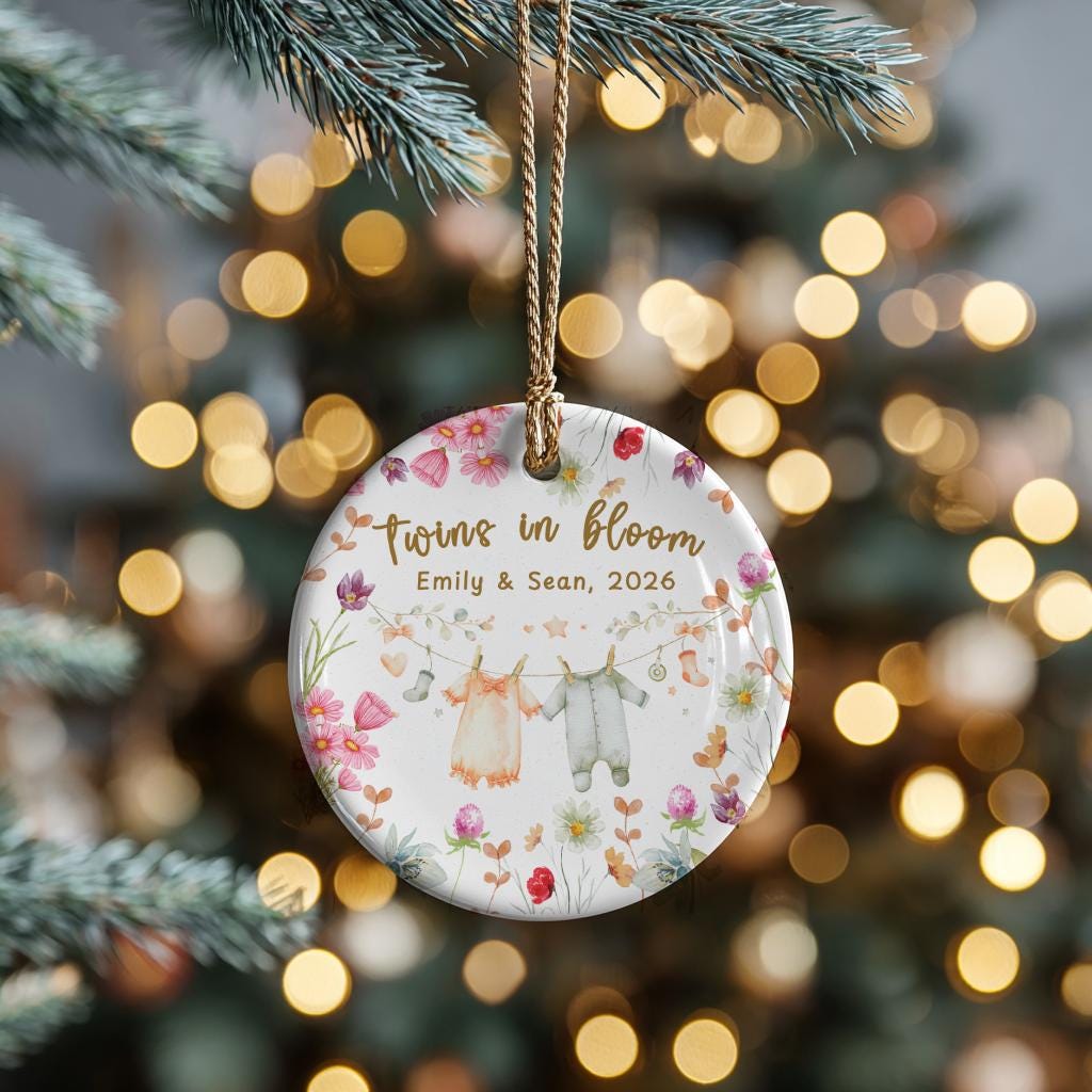 Personalized Twins in Bloom Ornament, Floral Twin Pregnancy Keepsake, Baby Names Due Date