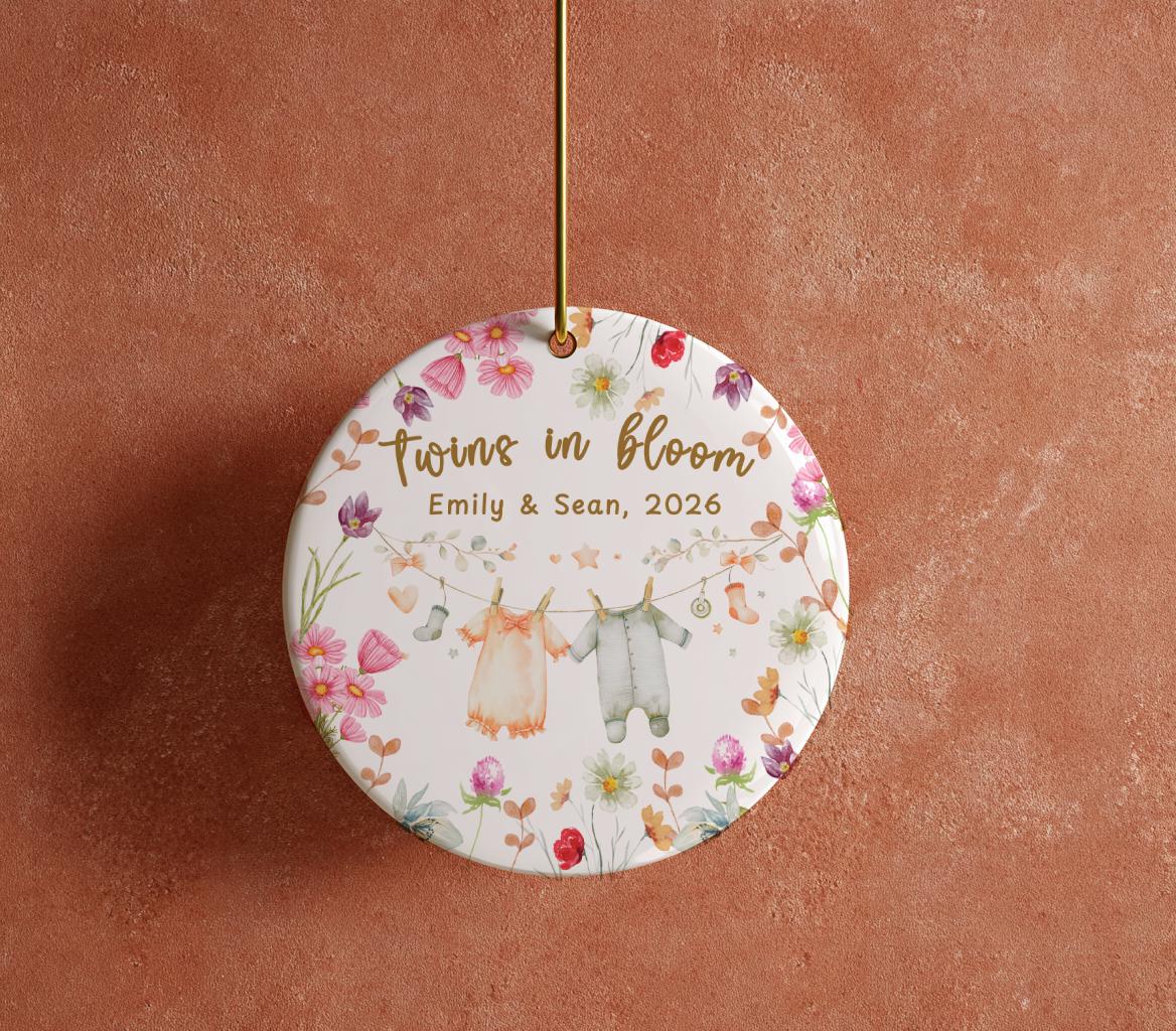 Personalized Twins in Bloom Ornament, Floral Twin Pregnancy Keepsake, Baby Names Due Date