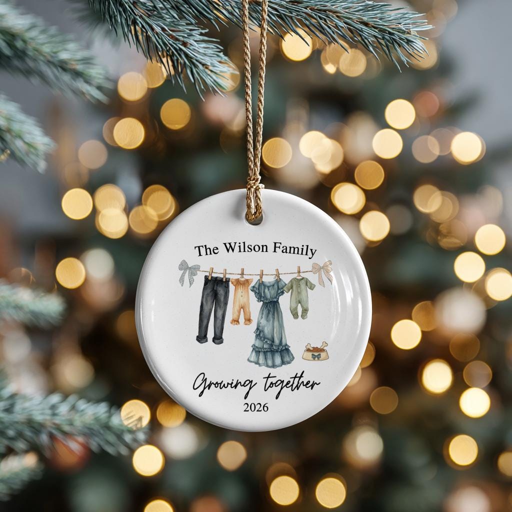 Personalized Twin Pregnancy Announcement Ornament, Family of 4 with Dog, Baby Shower Gift