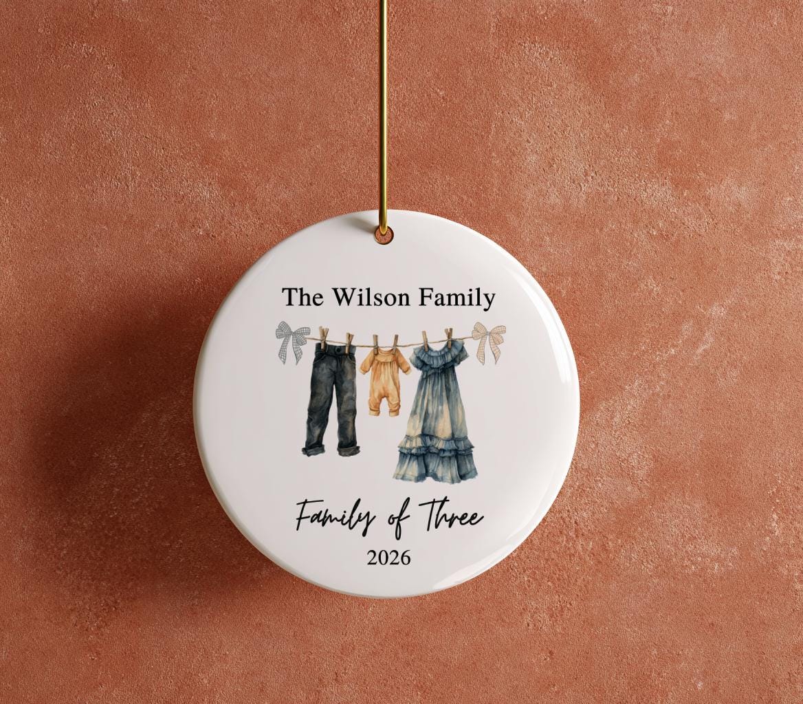 Boho Family of Three Ornament, Baby on the Way Keepsake, Personalized New Baby Announcement 2026