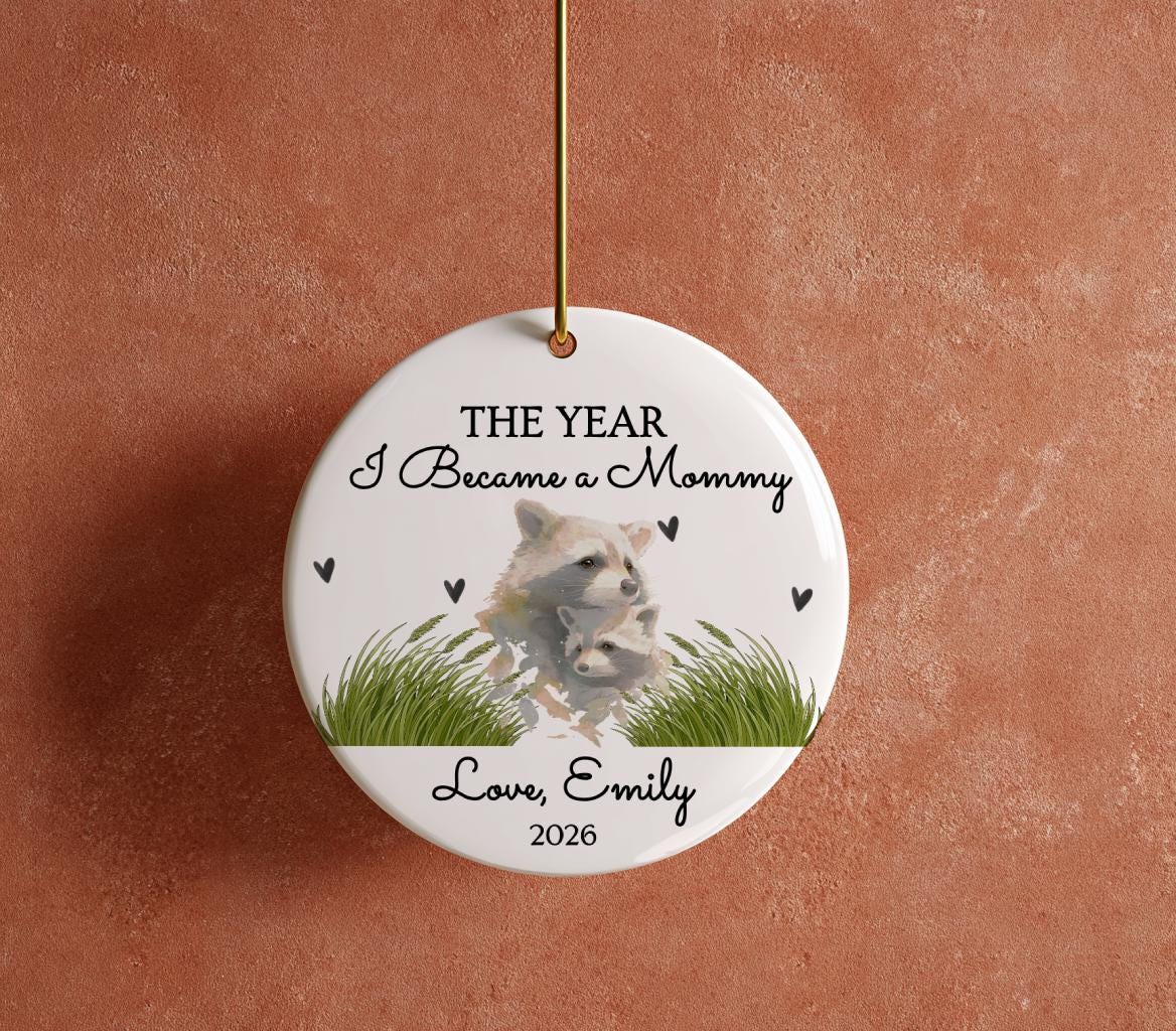 The Year I Became First Mother's Day Ornament, Watercolor Raccoon Mom Keepsake 2026