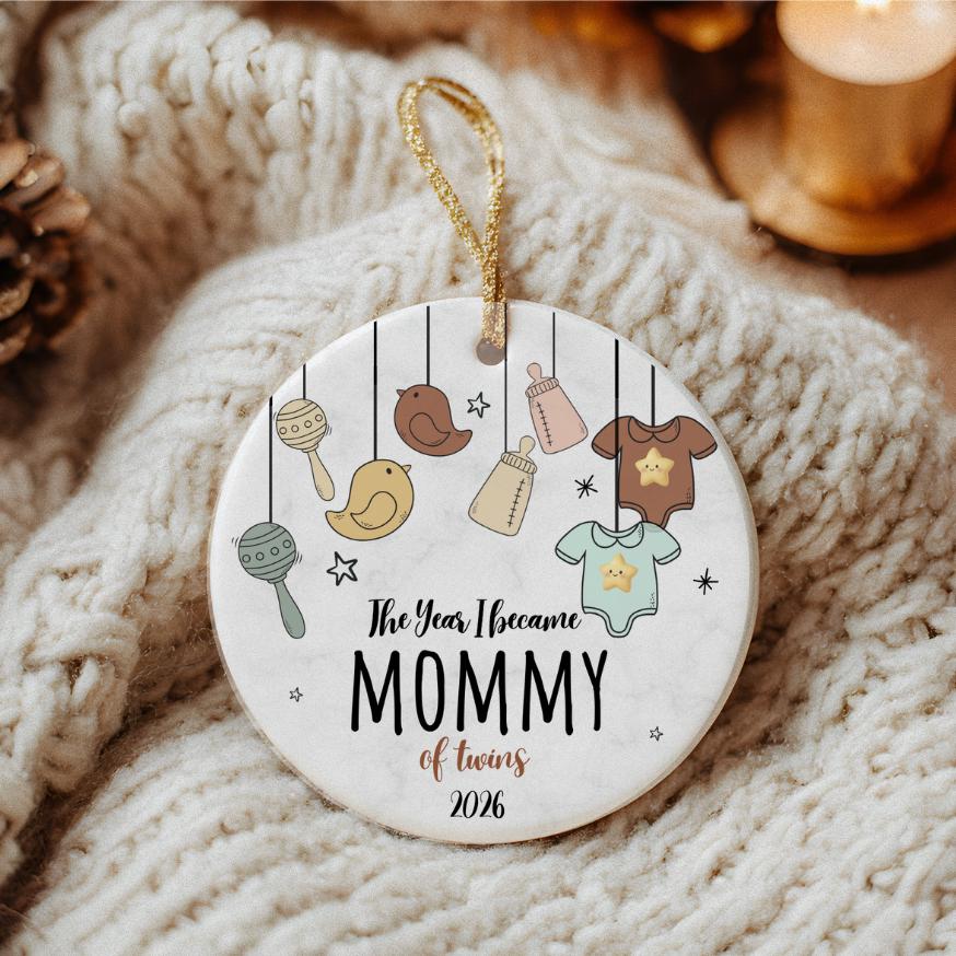 Twin Pregnancy Announcement, Personalized The Year I Became Mommy of Twins, New Mama of 2 Ornament
