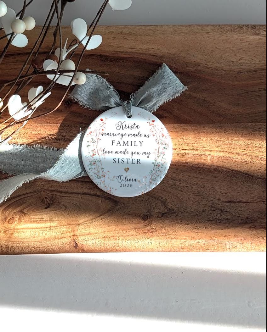 Personalized Sister-in-Law Ornament, Botanical Wreath Ceramic Keepsake, Marriage Family Gift