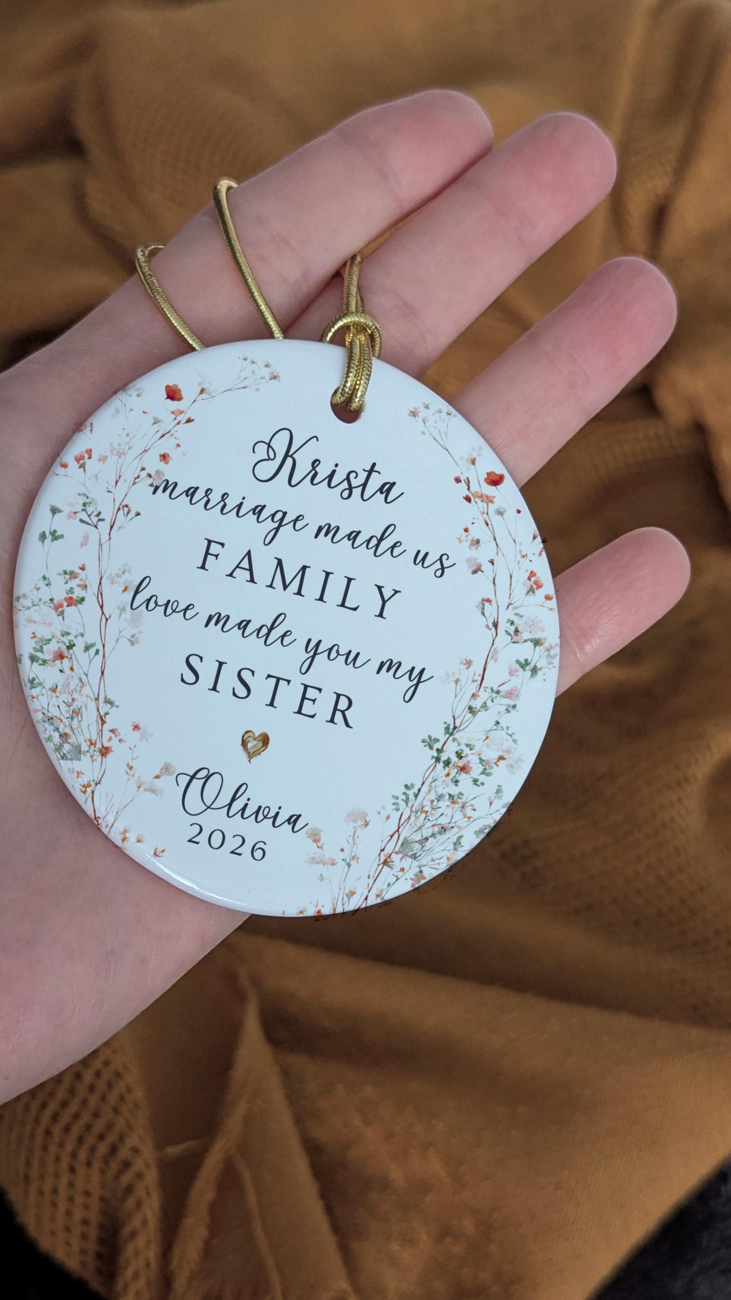 Personalized Sister-in-Law Ornament, Botanical Wreath Ceramic Keepsake, Marriage Family Gift