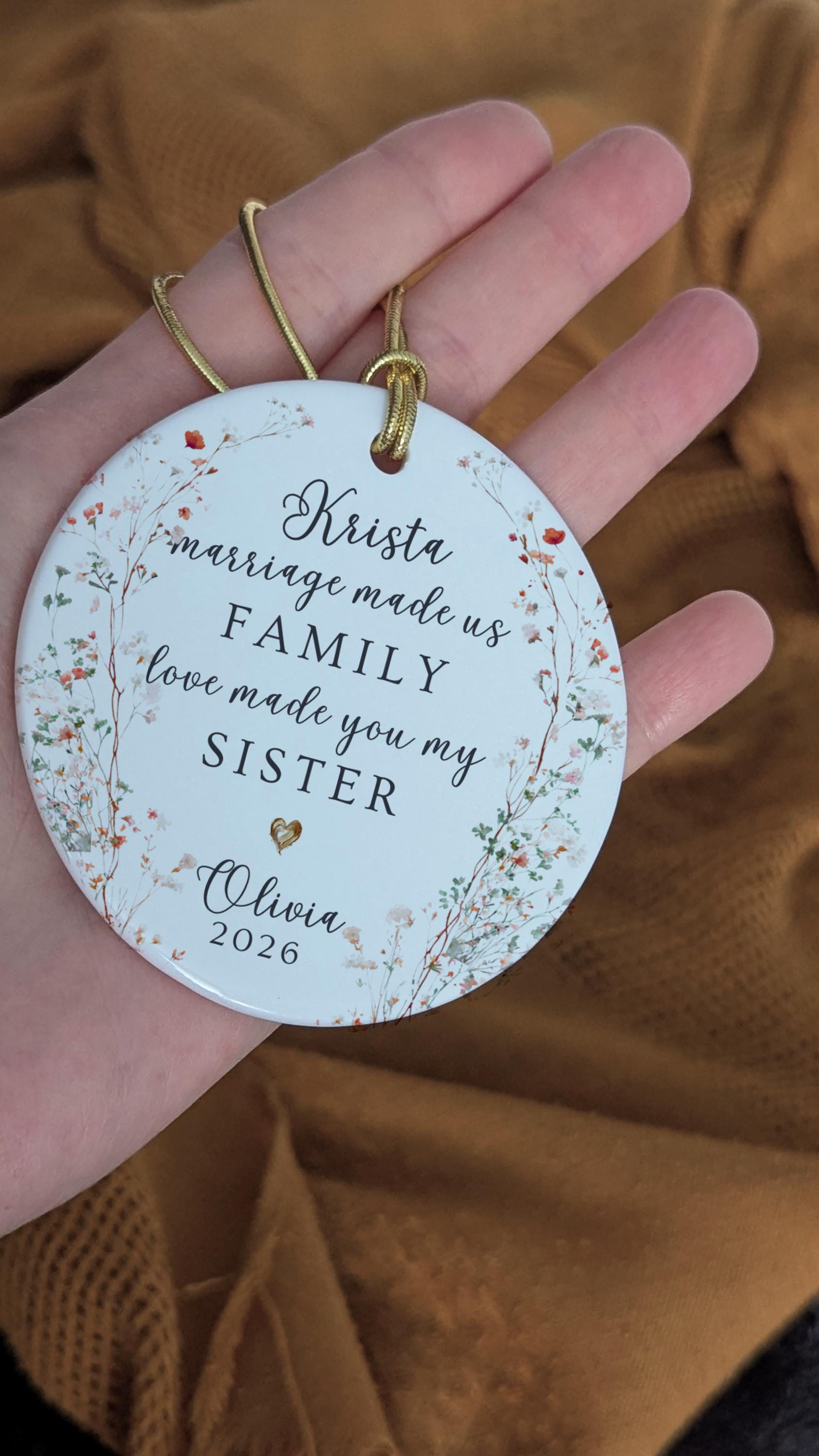 Personalized Sister-in-Law Ornament, Botanical Wreath Ceramic Keepsake, Marriage Family Gift
