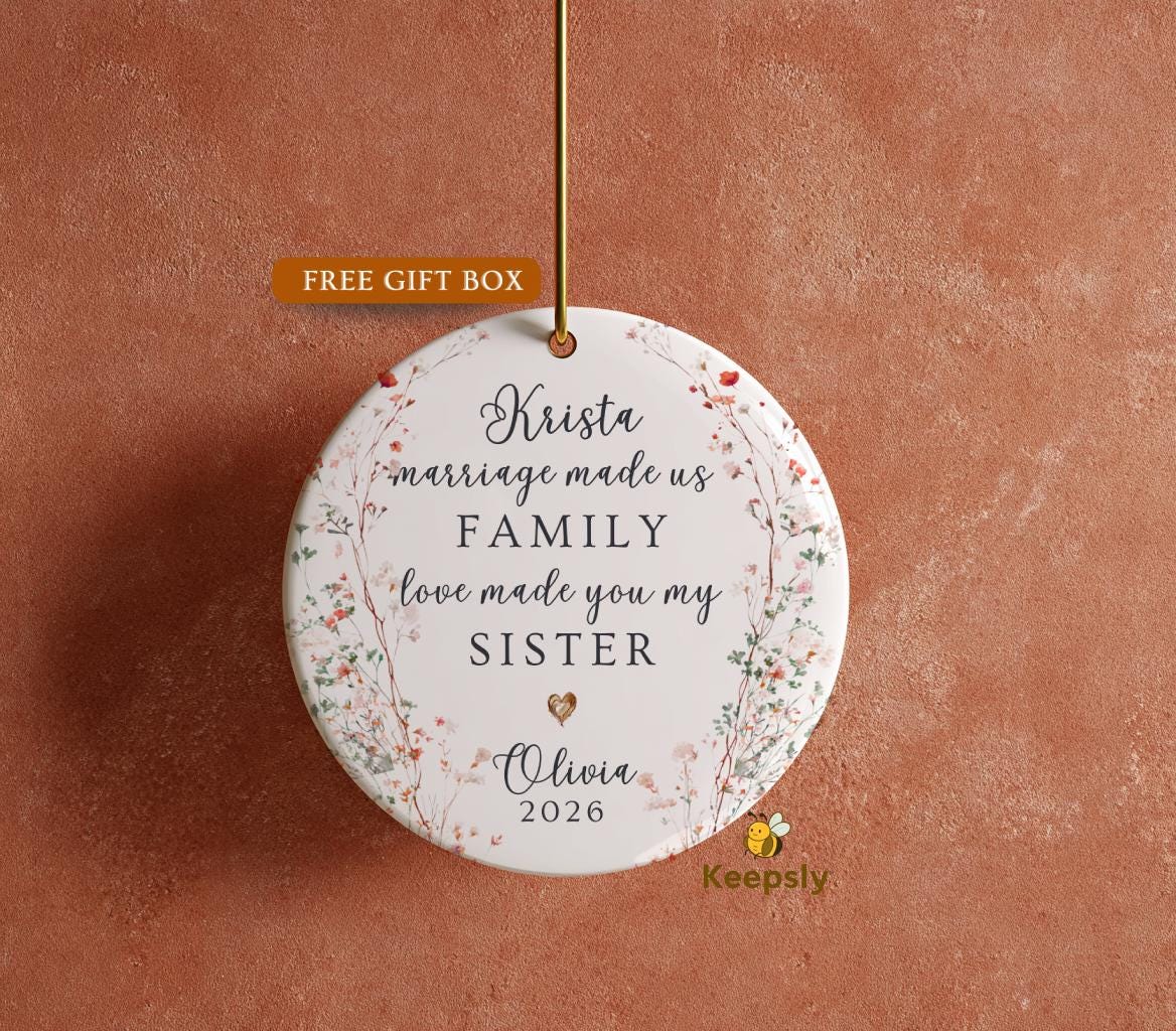 Personalized Sister-in-Law Ornament, Botanical Wreath Ceramic Keepsake, Marriage Family Gift