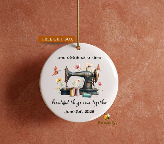 Personalized Floral Sewing Machine Ornament • Custom Crafter Keepsake, Tailor Gift