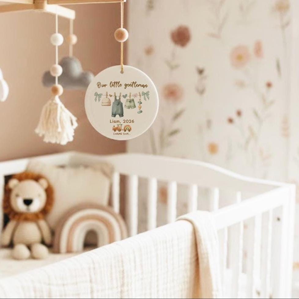 Personalized Baby Boy Ornament, Little Gentleman Pregnancy Announcement Keepsake, Coming Soon 2026