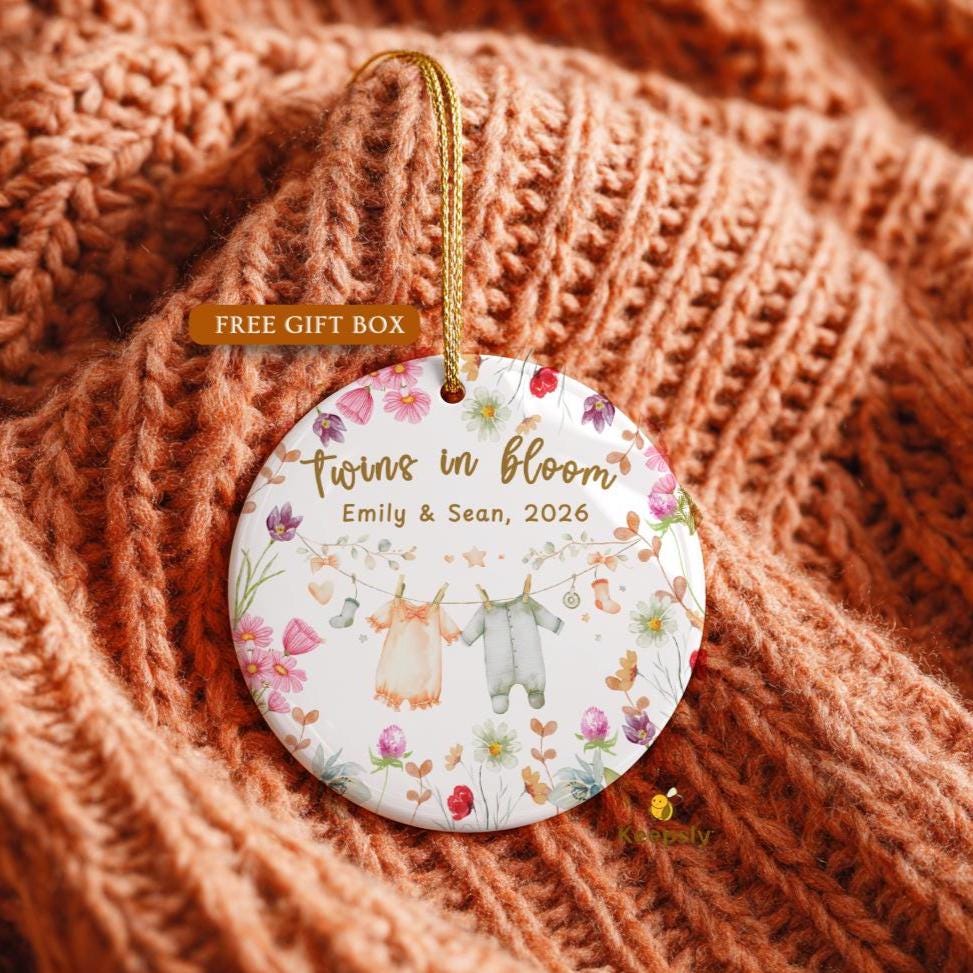 Personalized Twins in Bloom Ornament, Floral Twin Pregnancy Keepsake, Baby Names Due Date