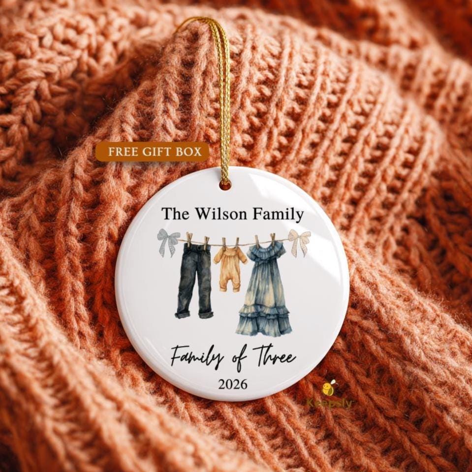 Boho Family of Three Ornament, Baby on the Way Keepsake, Personalized New Baby Announcement 2026