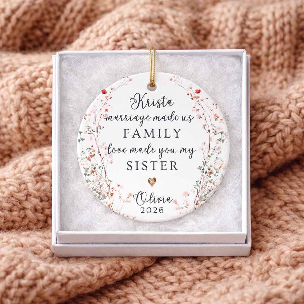 Personalized Sister-in-Law Ornament, Botanical Wreath Ceramic Keepsake, Marriage Family Gift