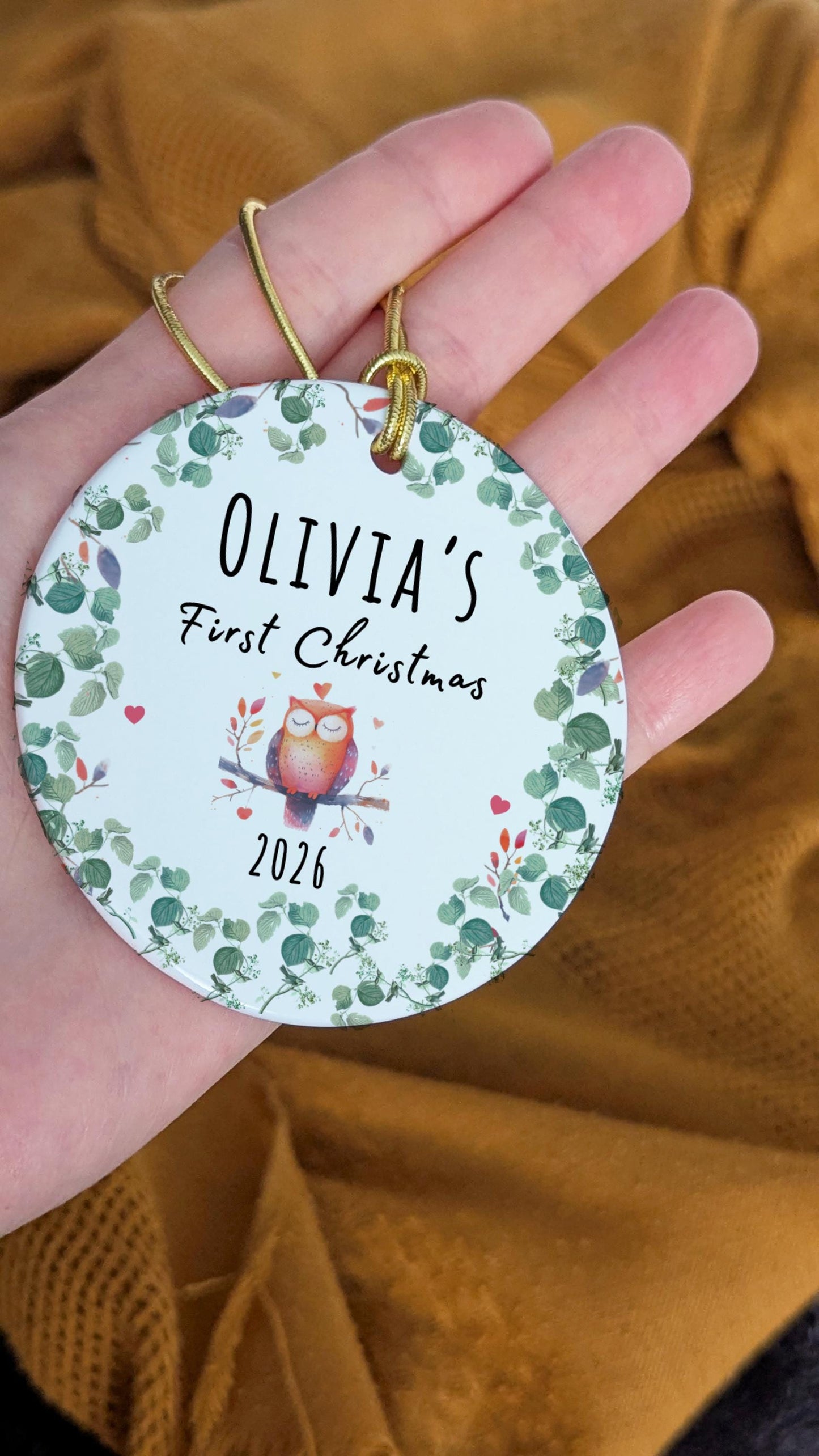 Owl Christmas Ornament, Kids Ornament, Personalized Porcelain Baby Girl Keepsake