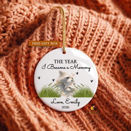 The Year I Became First Mother's Day Ornament, Watercolor Raccoon Mom Keepsake 2026