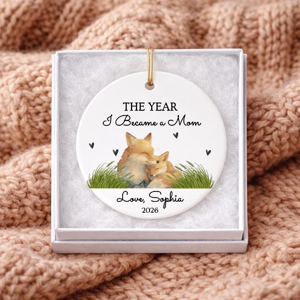 Personalized Fox Mother's Day Ornament, First Time Mom Keepsake, Watercolor Baby Fox Gift