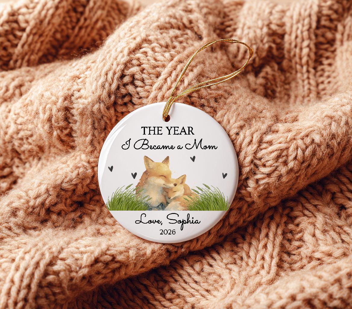 Personalized Fox Mother's Day Ornament, First Time Mom Keepsake, Watercolor Baby Fox Gift