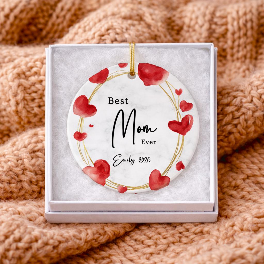 Personalized Mom Ever Ornament, Watercolor Hearts Mother Keepsake