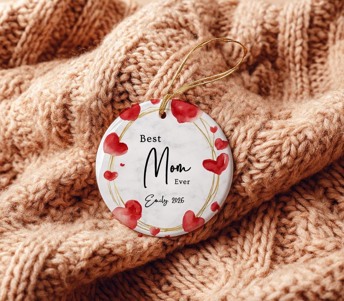 Personalized Mom Ever Ornament, Watercolor Hearts Mother Keepsake