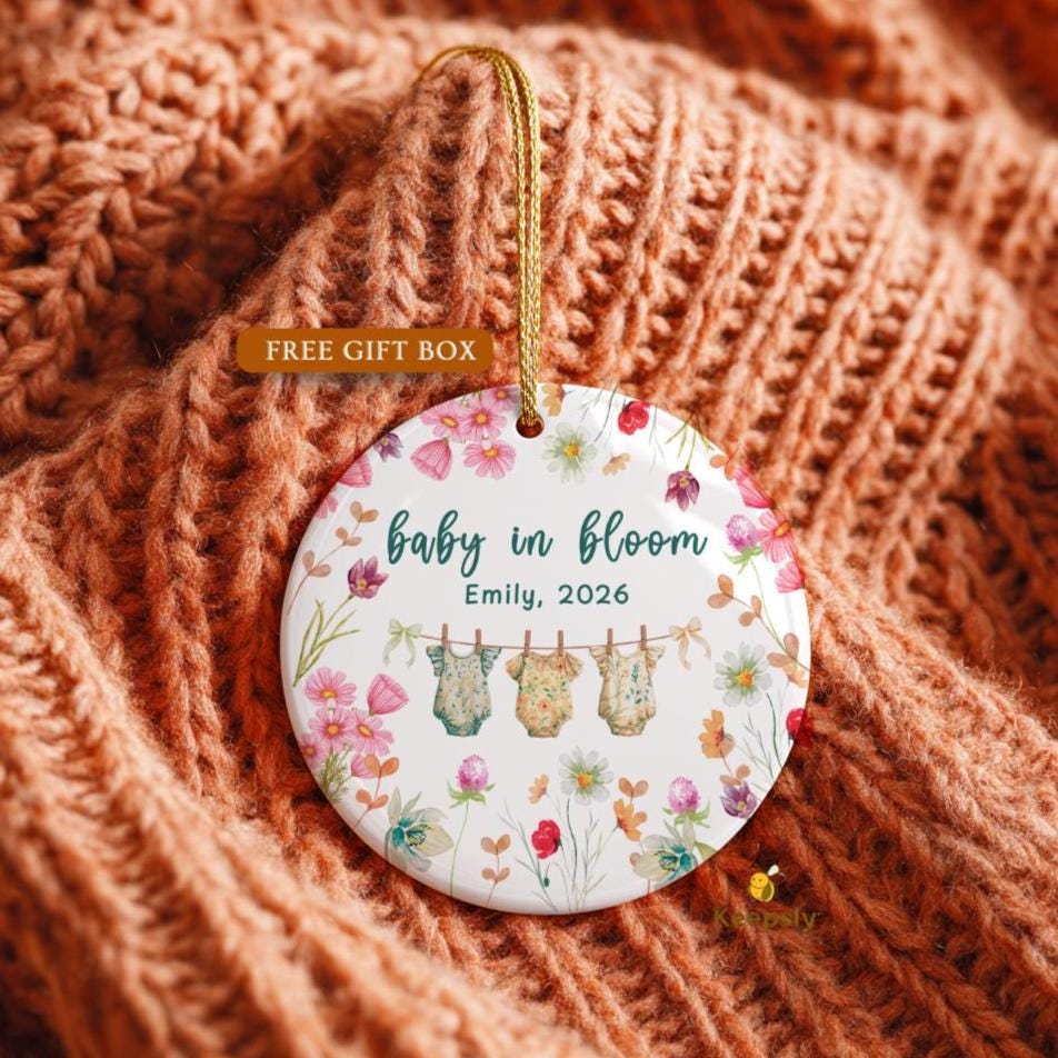 Baby in Bloom Ornament, Floral Pregnancy Keepsake, Personalized New Baby Gift, Wildflower Nursery Decor