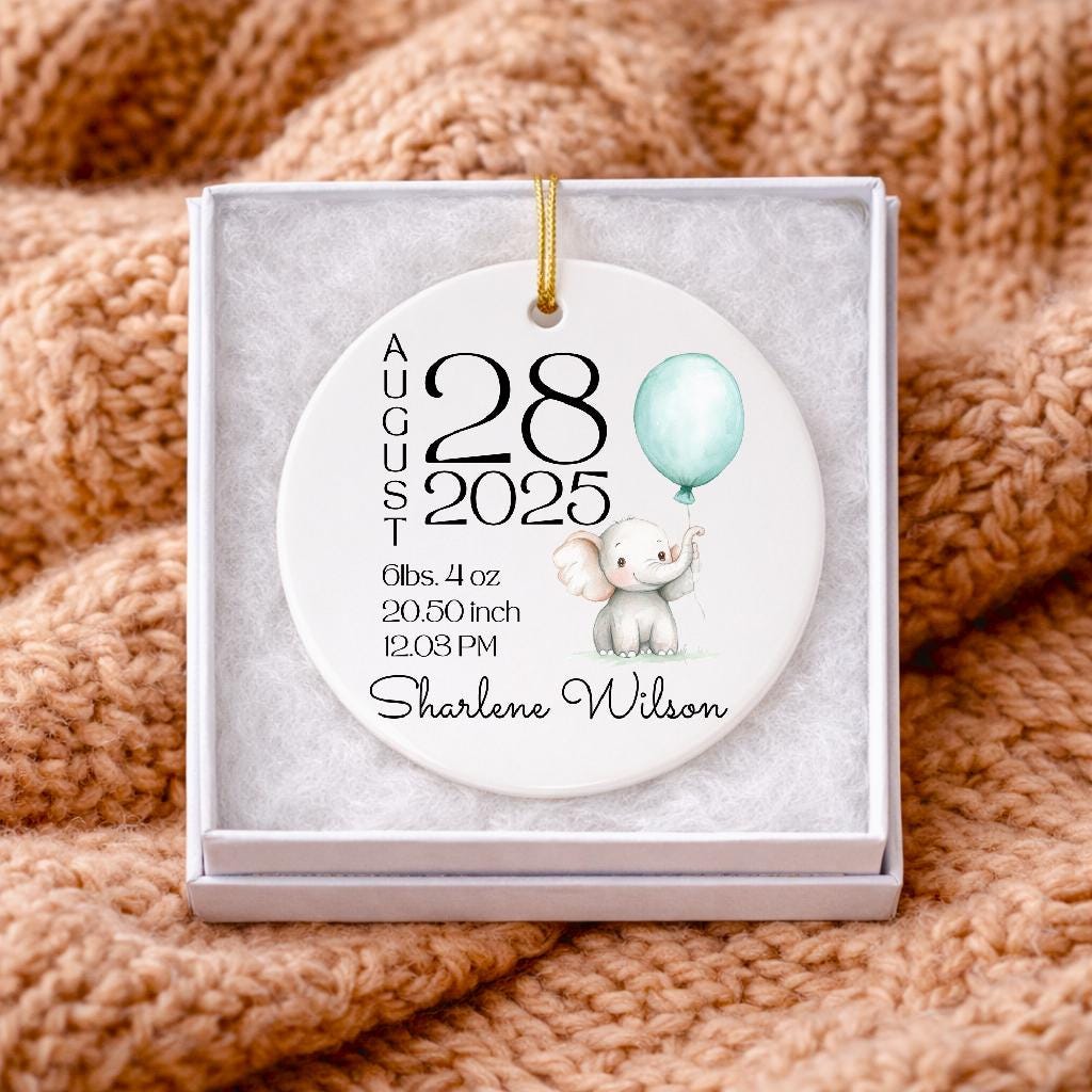 Personalized Baby Birth Stats Ornament • Watercolor Elephant Keepsake