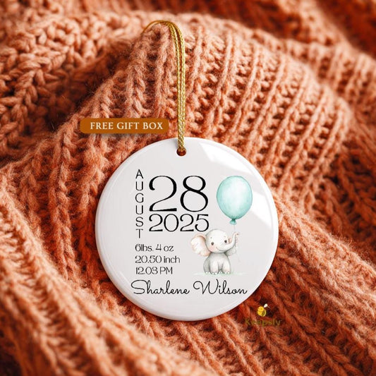 Personalized Baby Birth Stats Ornament • Watercolor Elephant Keepsake