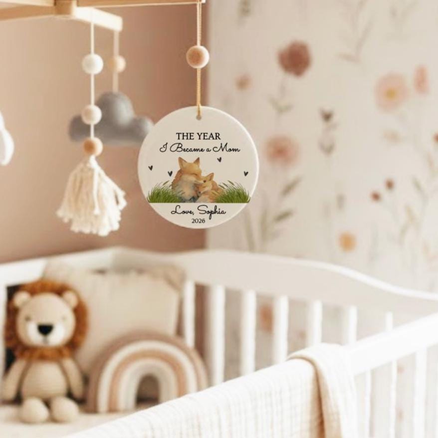 Personalized Fox Mother's Day Ornament, First Time Mom Keepsake, Watercolor Baby Fox Gift