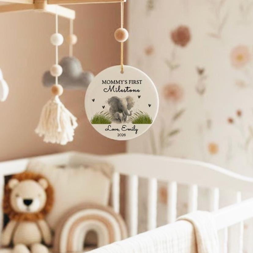 Elephant Mommy First Milestone Keepsake Woodland Ornaments New Mother Gift Ceramic Tag